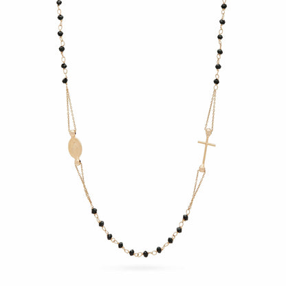 Black Crystals 18k Gold Rosary Beads Necklace