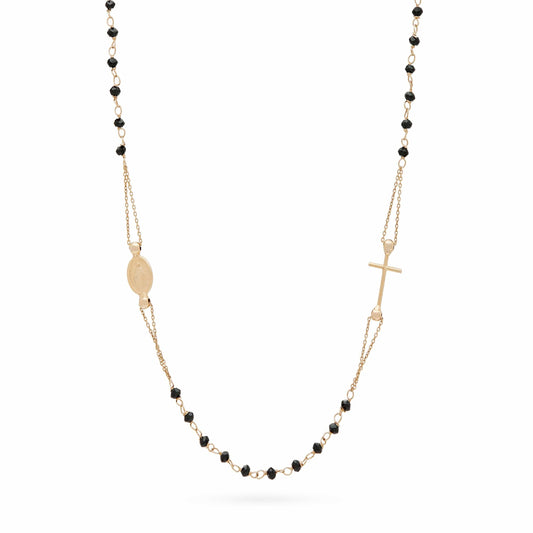 Black Crystals 18k Gold Rosary Beads Necklace