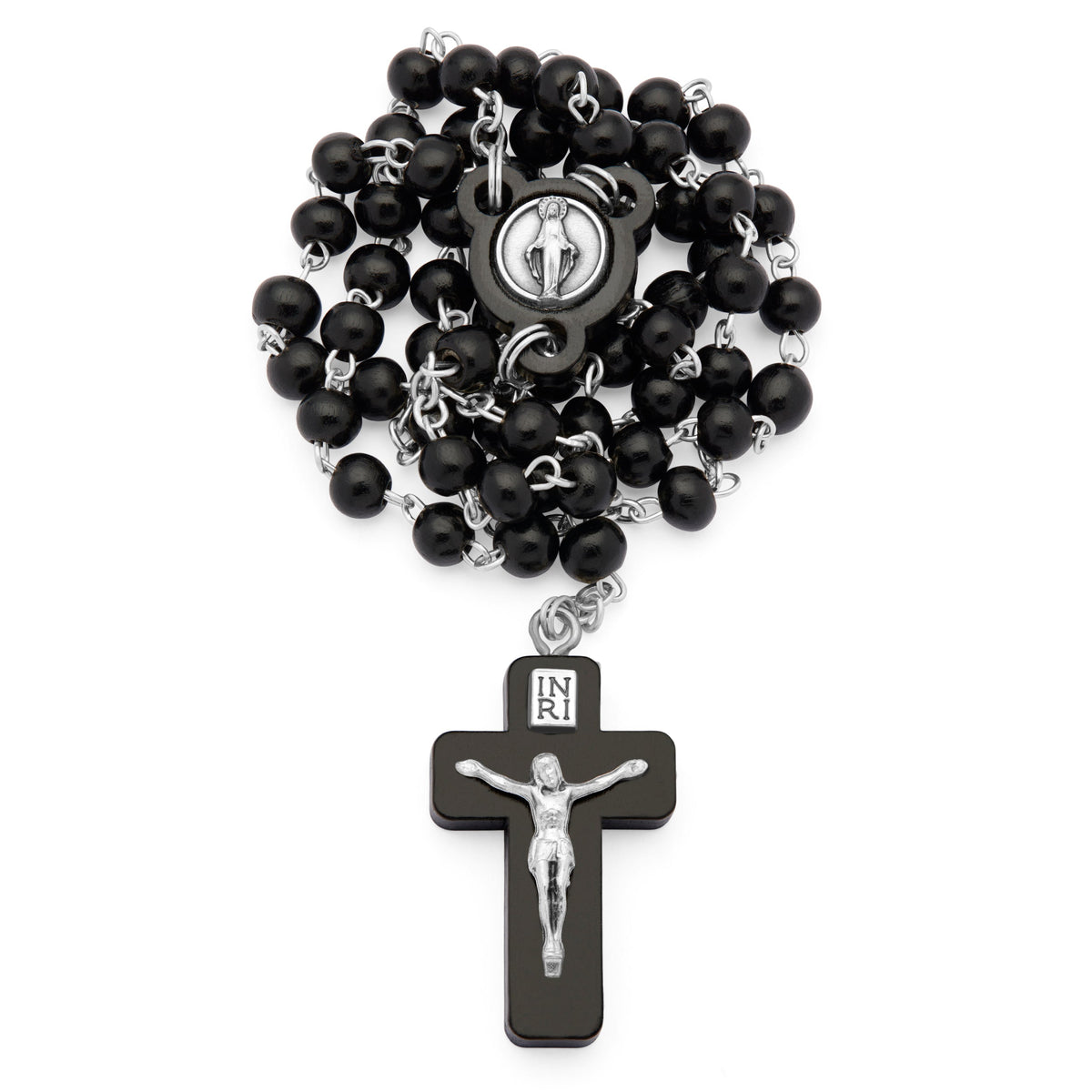 Black Wood Rosary with Crucifix Featuring Metal Body of Christ