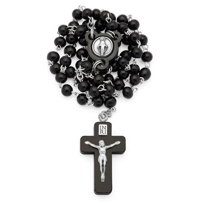 Black Wood Rosary with Crucifix Featuring Metal Body of Christ
