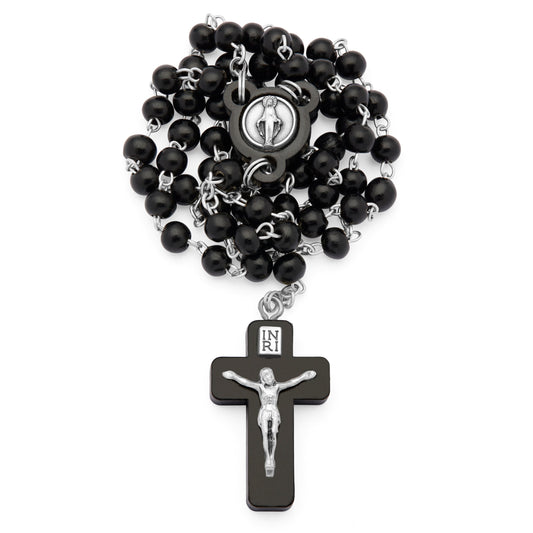 Black Wood Rosary with Crucifix Featuring Metal Body of Christ