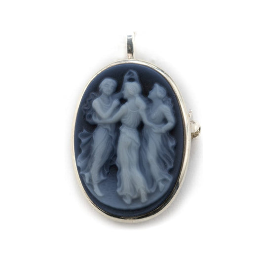 Blue Agate and Sterling Silver  "Three Graces"  Botticelli Cameo