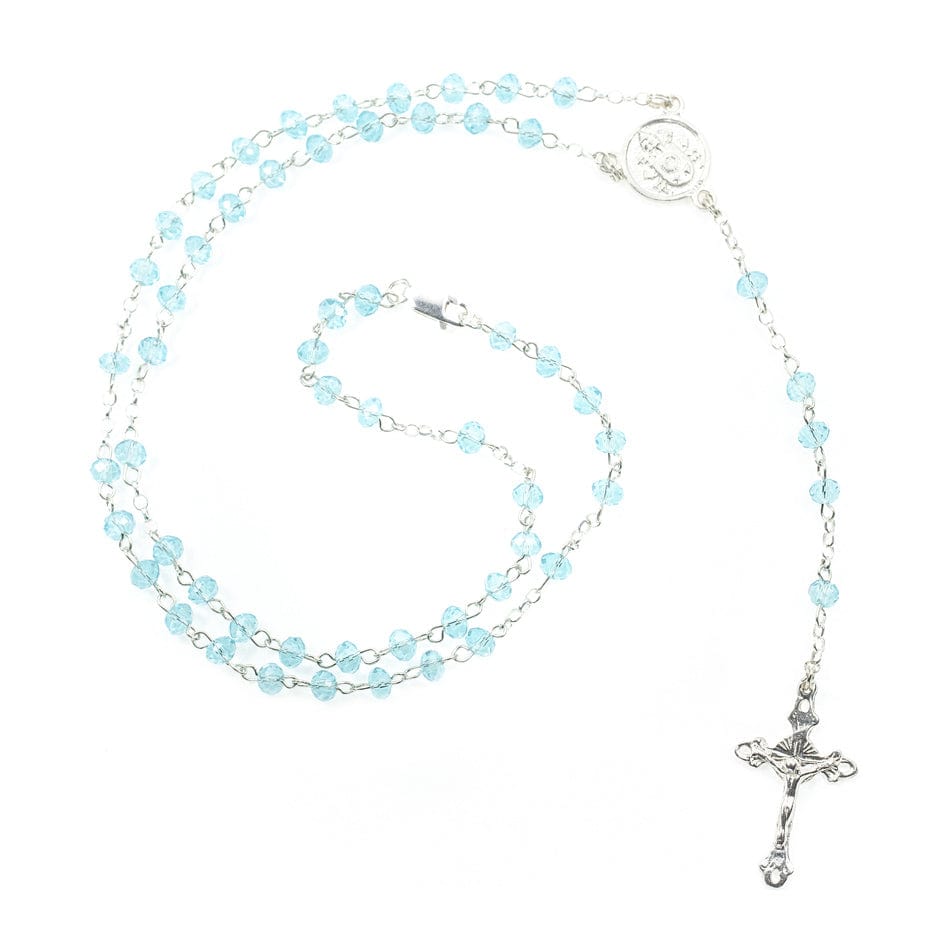 Blue Crystal Rosary Necklace in Sterling Silver
