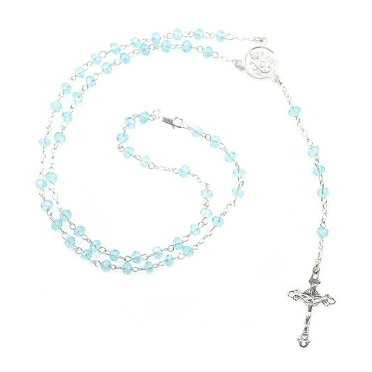 Blue Crystal Rosary Necklace in Sterling Silver