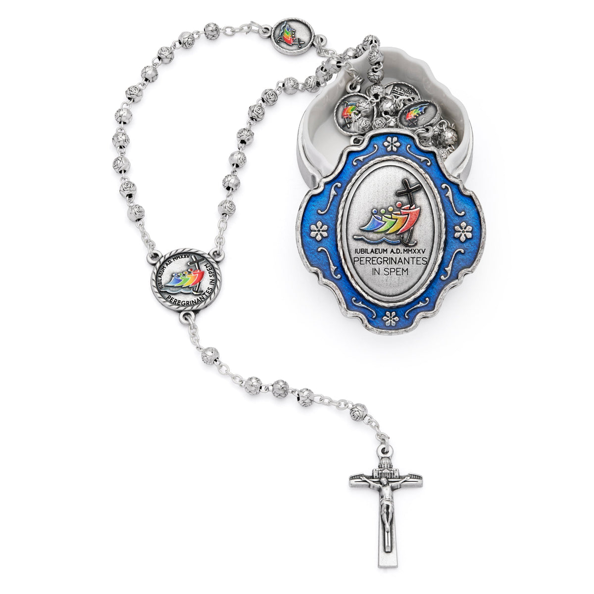 Blue Enameled Jubilee 2025 Rosary Case With Rose-shaped Beads Rosary