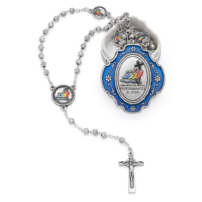 Blue Enameled Jubilee 2025 Rosary Case With Rose-shaped Beads Rosary