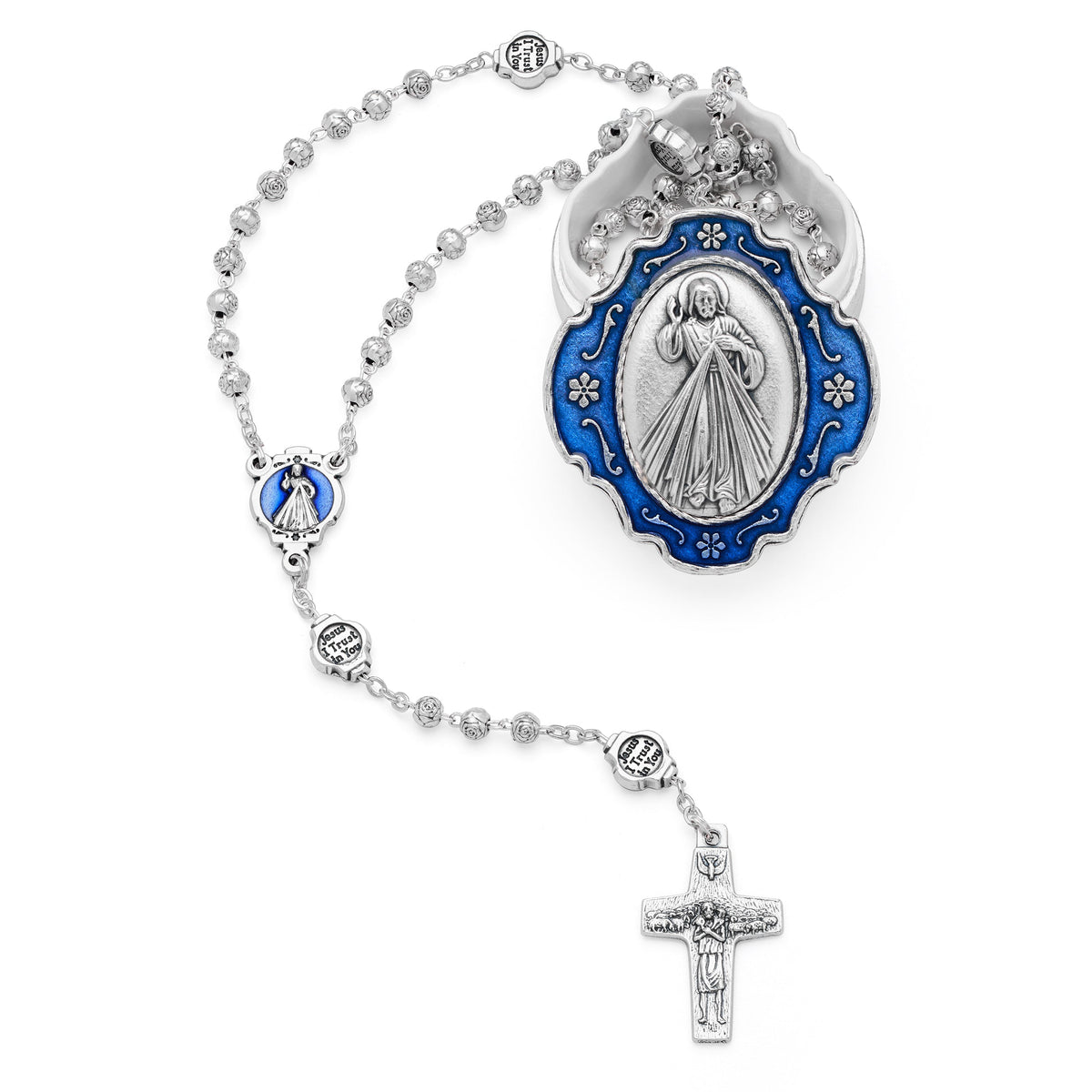 Blue Enameled Merciful Jesus Rosary Case With Rose-shaped Beads Rosary