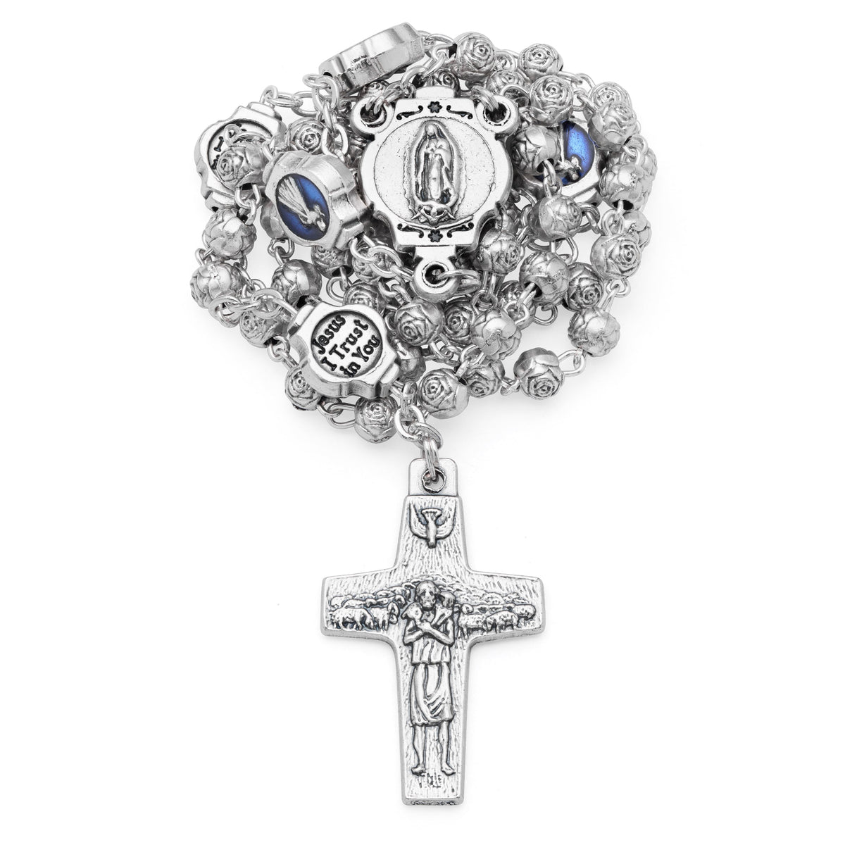 Blue Enameled Merciful Jesus Rosary Case With Rose-shaped Beads Rosary