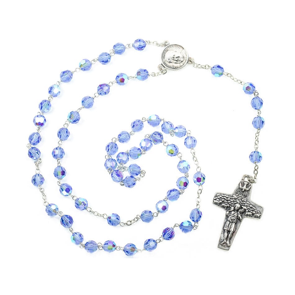 Blue Faceted Crystal Rosary Beads with Pope Francis