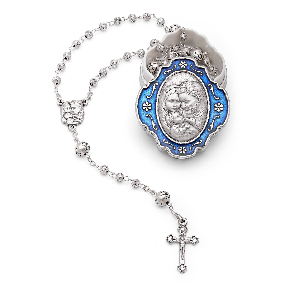 Blue Enameled Holy Family Rosary Case With Rose-shaped Beads Rosary