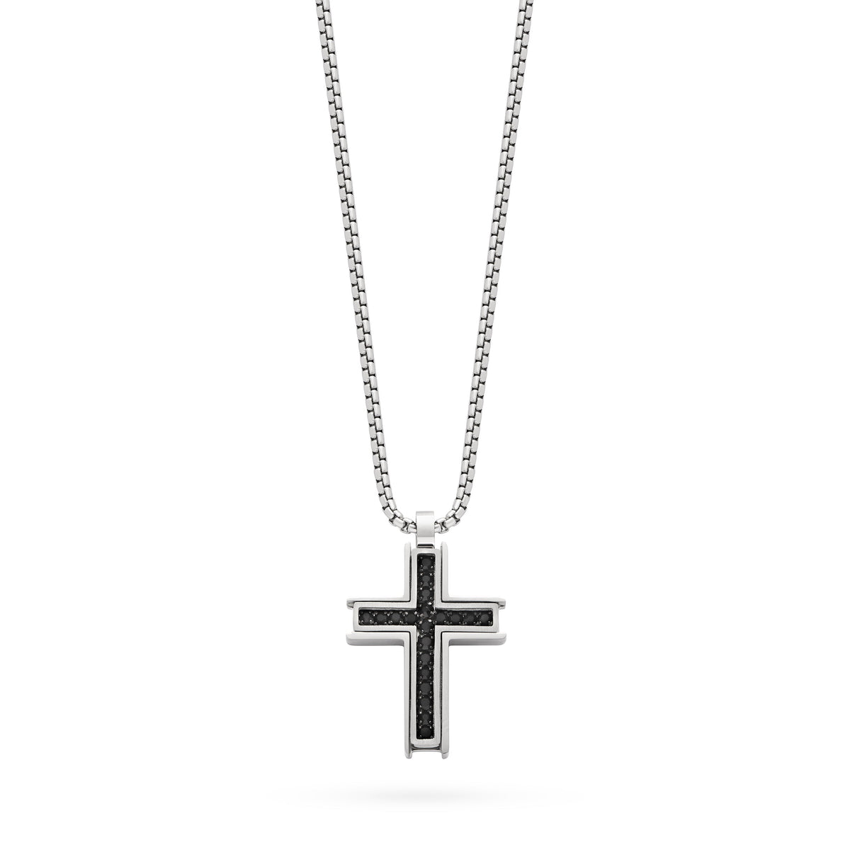 Stainless Steel Cross Pendant with Black Cubic Zirconia and Chain
