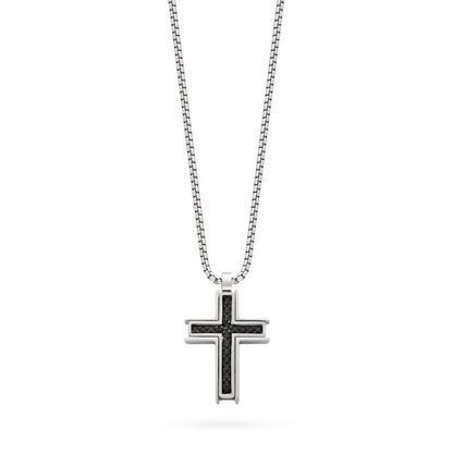 Stainless Steel Cross Pendant with Black Cubic Zirconia and Chain
