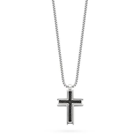 Stainless Steel Cross Pendant with Black Cubic Zirconia and Chain