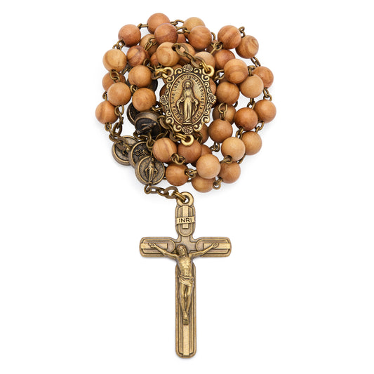 Bronze-tone Metal Rosary with Olive Wood Beads