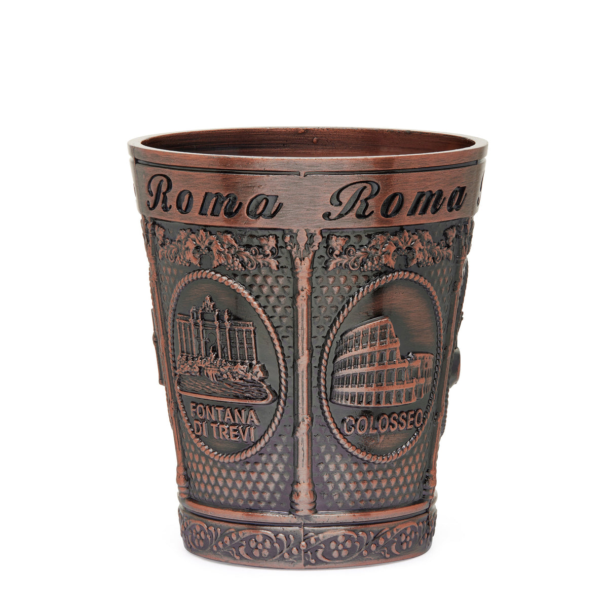 Bronze-toned Metal Souvenir Shot Glass featuring St. Peter's Basilica and Colosseum