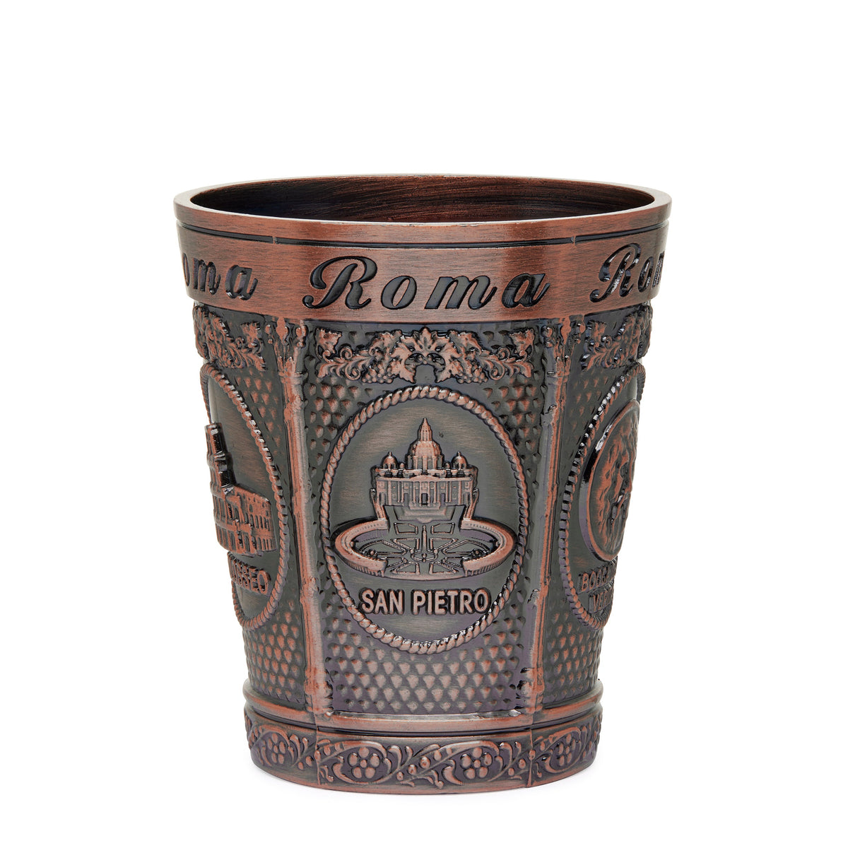 Bronze-toned Metal Souvenir Shot Glass featuring St. Peter's Basilica and Colosseum