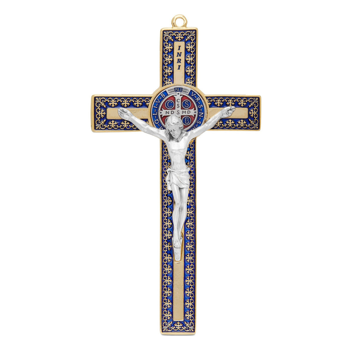 Blue Enameled Gold Metal St. Benedict Crucifix With Decorations