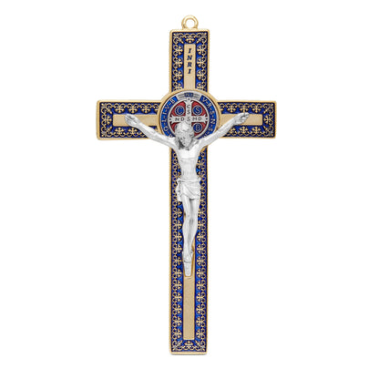 Blue Enameled Gold Metal St. Benedict Crucifix With Decorations