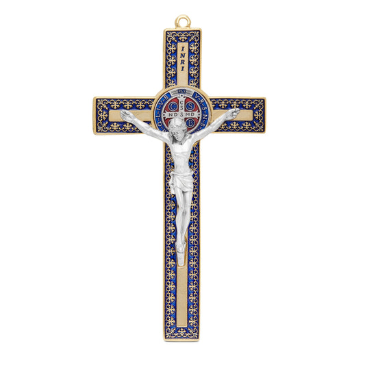 Blue Enameled Gold Metal St. Benedict Crucifix With Decorations