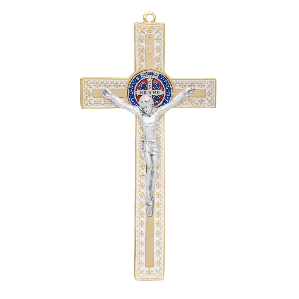 White Enameled Gold Metal St. Benedict Crucifix With Decorations