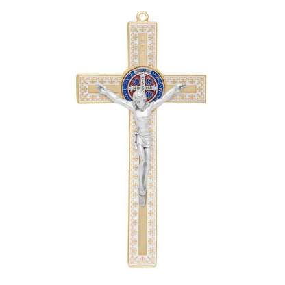 White Enameled Gold Metal St. Benedict Crucifix With Decorations