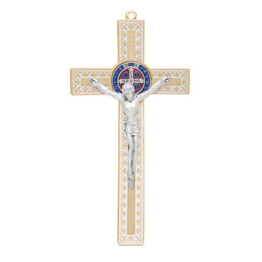 White Enameled Gold Metal St. Benedict Crucifix With Decorations