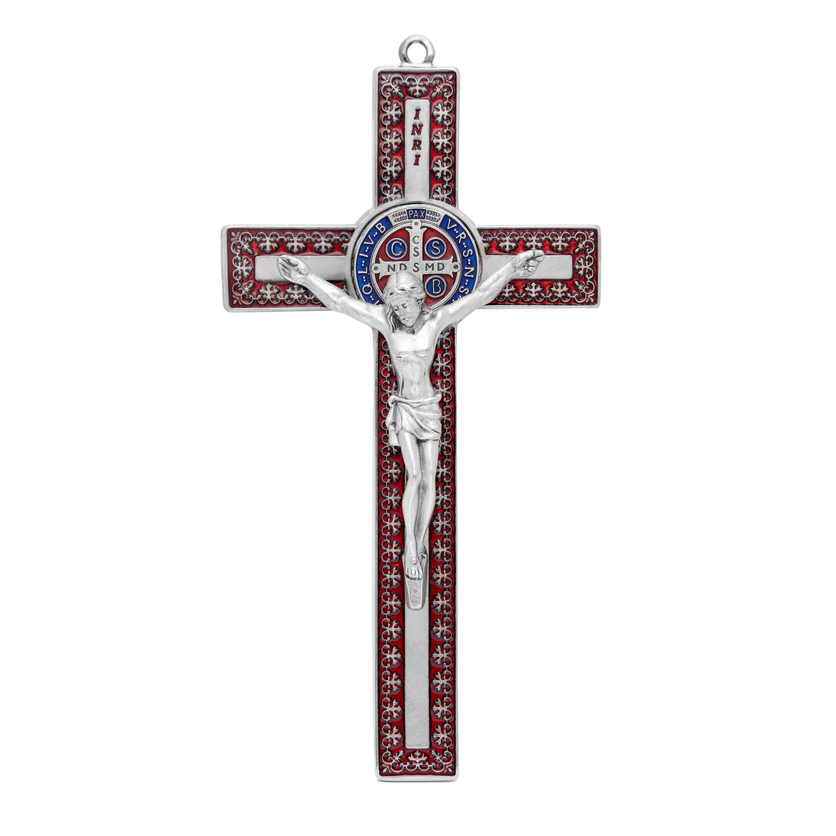 Red Enameled Metal St. Benedict Crucifix With Decorations