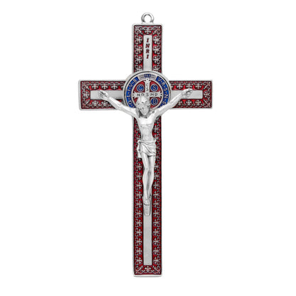 Red Enameled Metal St. Benedict Crucifix With Decorations