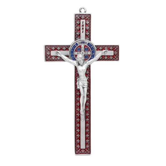 Red Enameled Metal St. Benedict Crucifix With Decorations