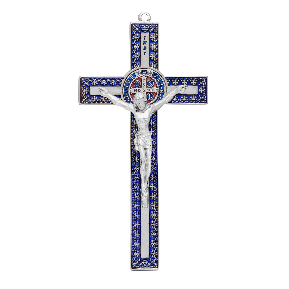 Blue Enameled Metal St. Benedict Crucifix With Decorations