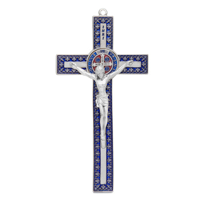Blue Enameled Metal St. Benedict Crucifix With Decorations