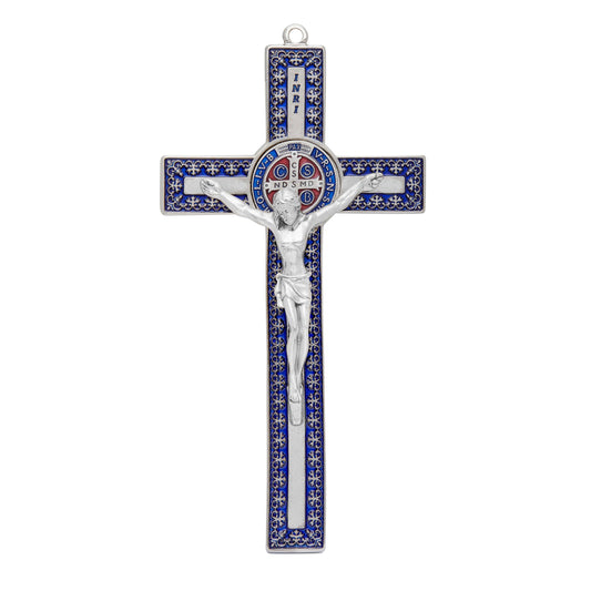 Blue Enameled Metal St. Benedict Crucifix With Decorations