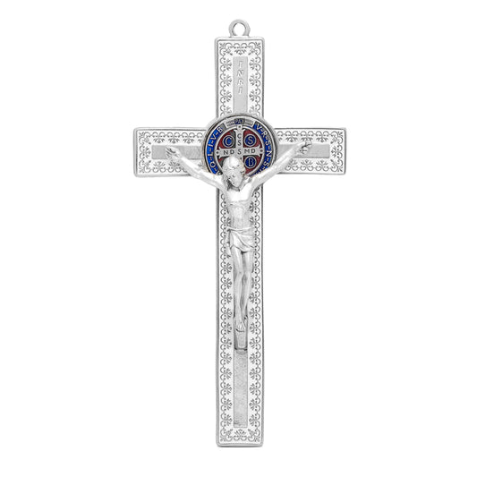 White Enameled Metal St. Benedict Crucifix With Decorations