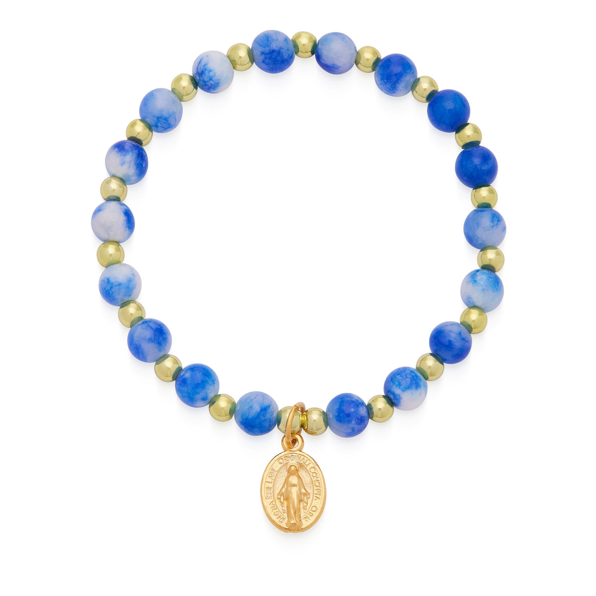 Calcite Elastic Bracelet With Blue and Light Blue Hues and Miraculous Medal