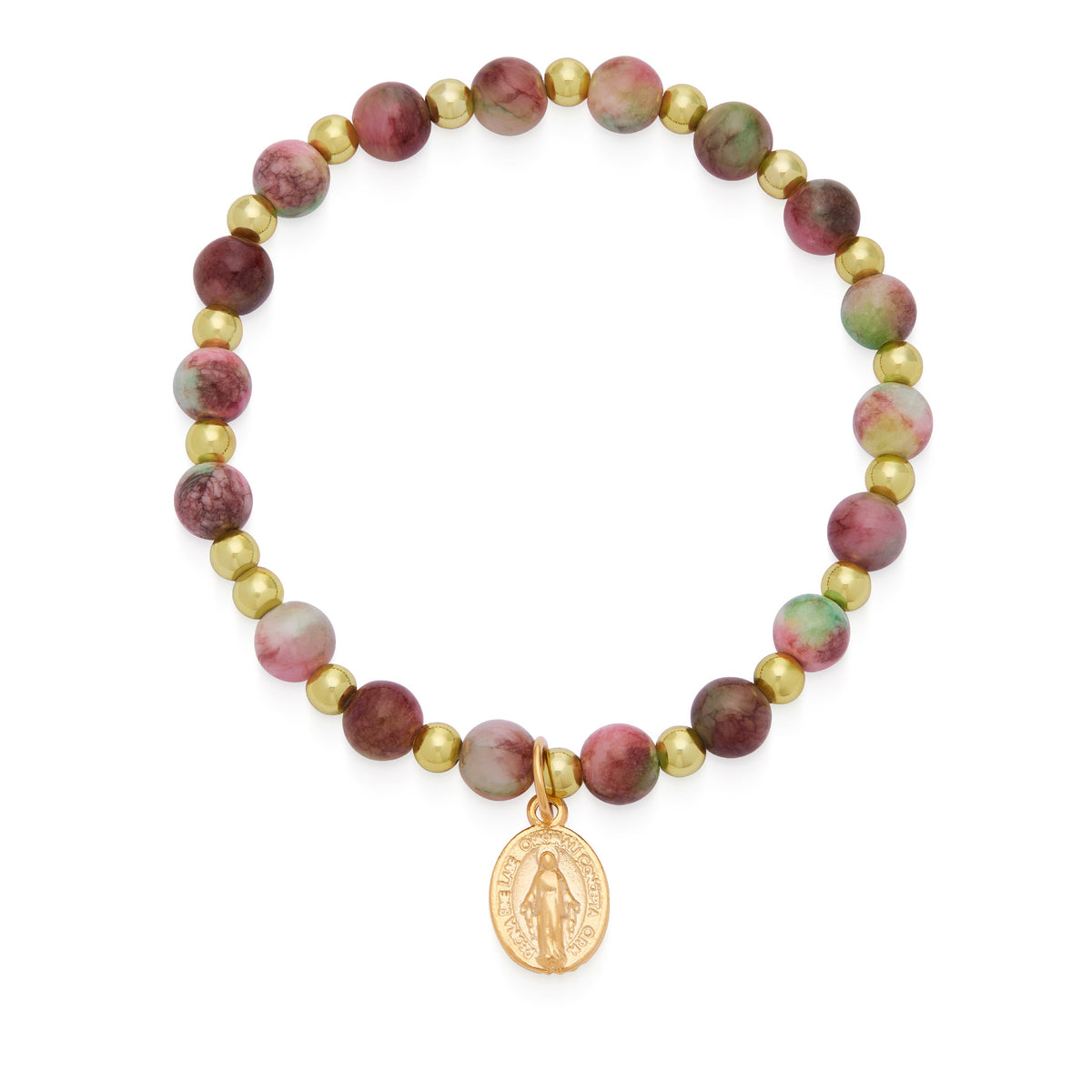 Calcite Elastic Bracelet With Dark Pink and Green Hues and Miraculous Medal