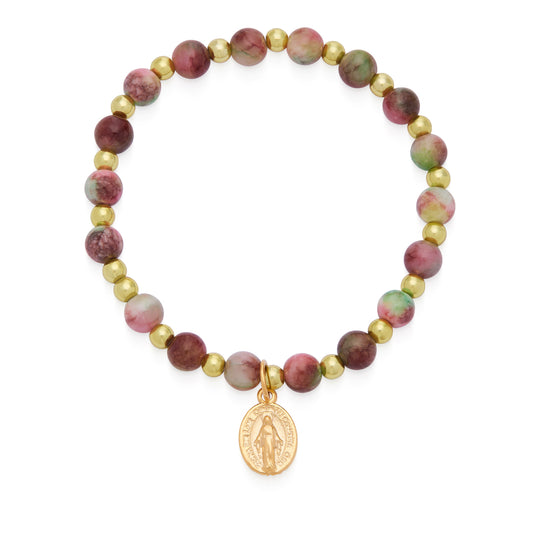 Calcite Elastic Bracelet With Dark Pink and Green Hues and Miraculous Medal