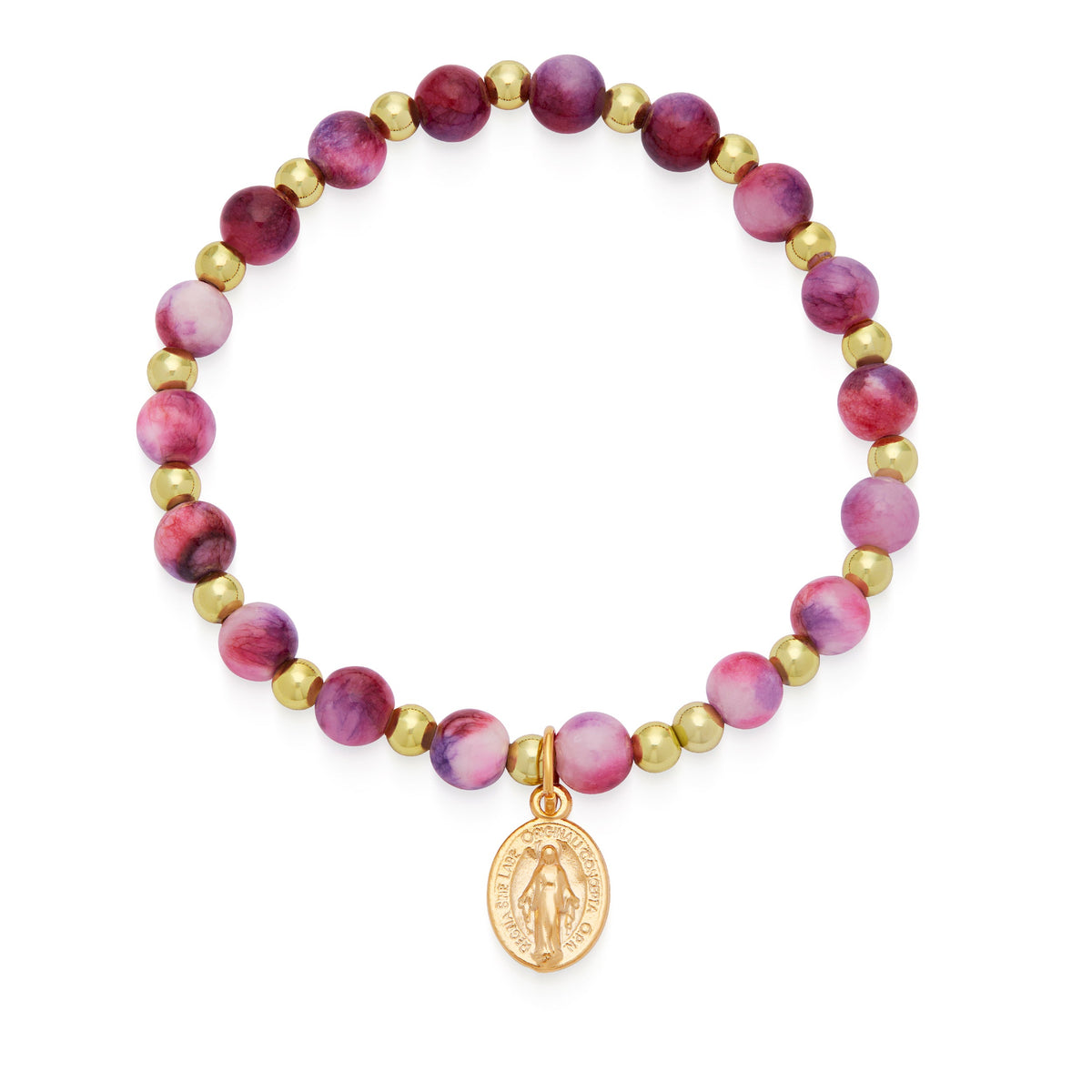 Calcite Elastic Bracelet With Dark Pink and Purple Hues and Miraculous Medal
