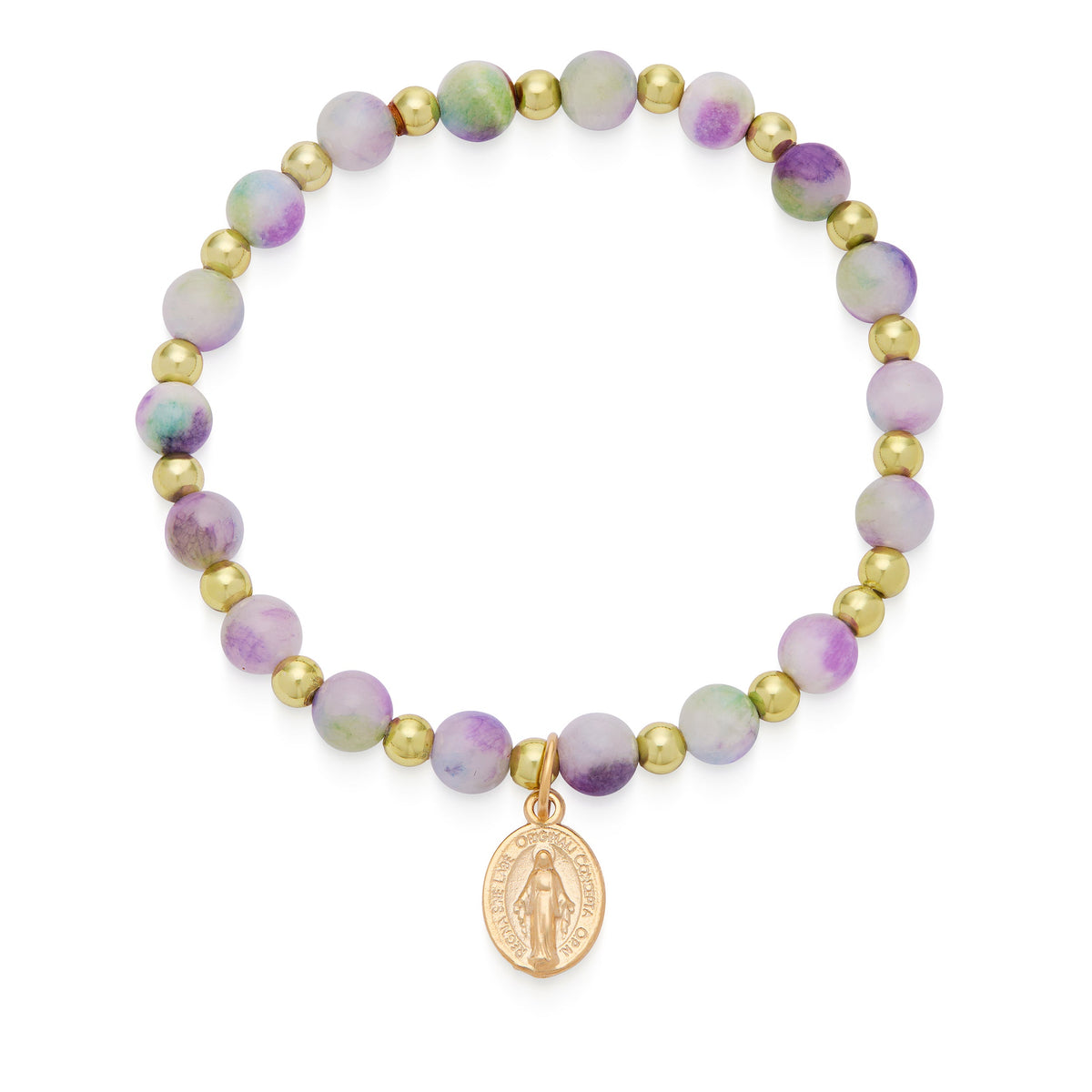 Calcite Elastic Bracelet With Green and Purple Hues and Miraculous Medal
