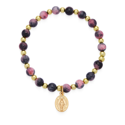 Calcite Elastic Bracelet With Grey and Pink Hues and Miraculous Medal