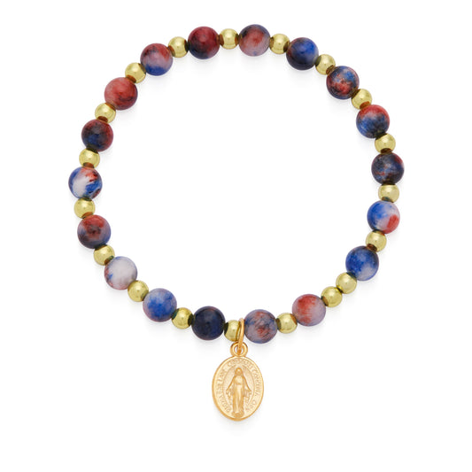 Calcite Elastic Bracelet With Red and Blue Hues and Miraculous Medal