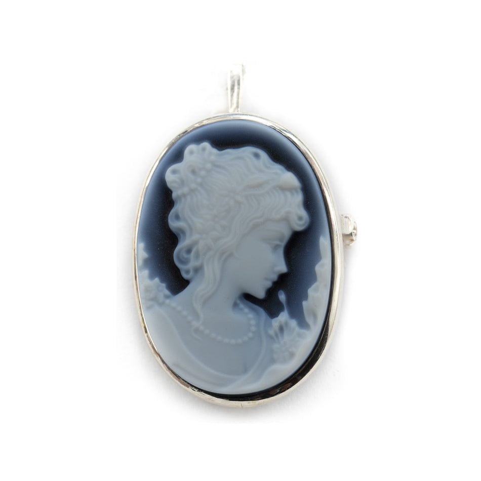 Cameo Lady Profile with pearls in Blue Agate and Sterling Silver