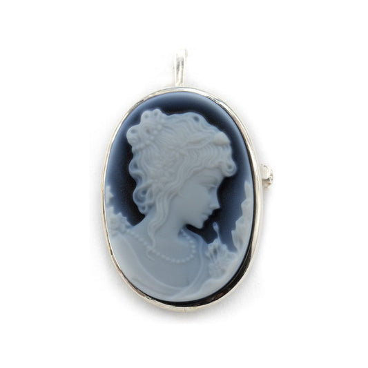 Cameo Lady Profile with pearls in Blue Agate and Sterling Silver