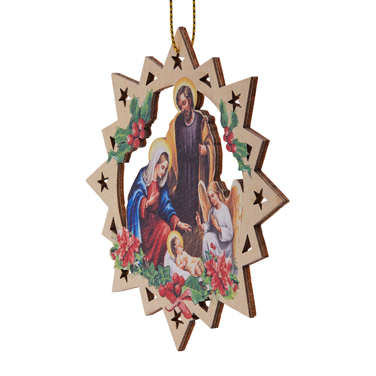 Carved Wooden Christmas Tree Decoration in the Shape of a Star With Nativity Scene