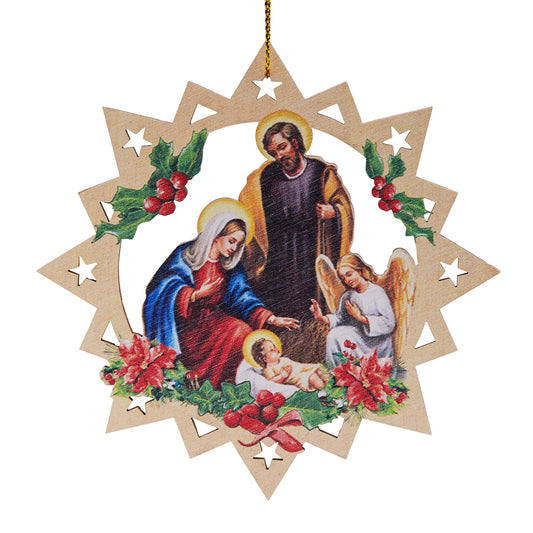 Carved Wooden Christmas Tree Decoration in the Shape of a Star With Nativity Scene