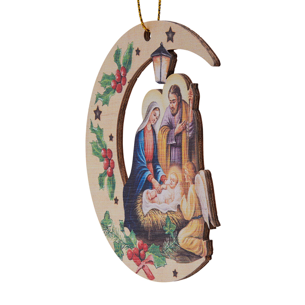 Carved Wooden Christmas Tree Decoration in the Shape of Moon With Nativity Scene