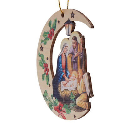 Carved Wooden Christmas Tree Decoration in the Shape of Moon With Nativity Scene