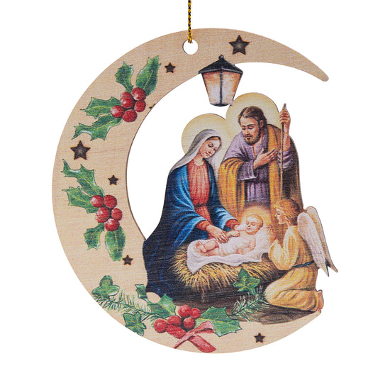 Carved Wooden Christmas Tree Decoration in the Shape of Moon With Nativity Scene