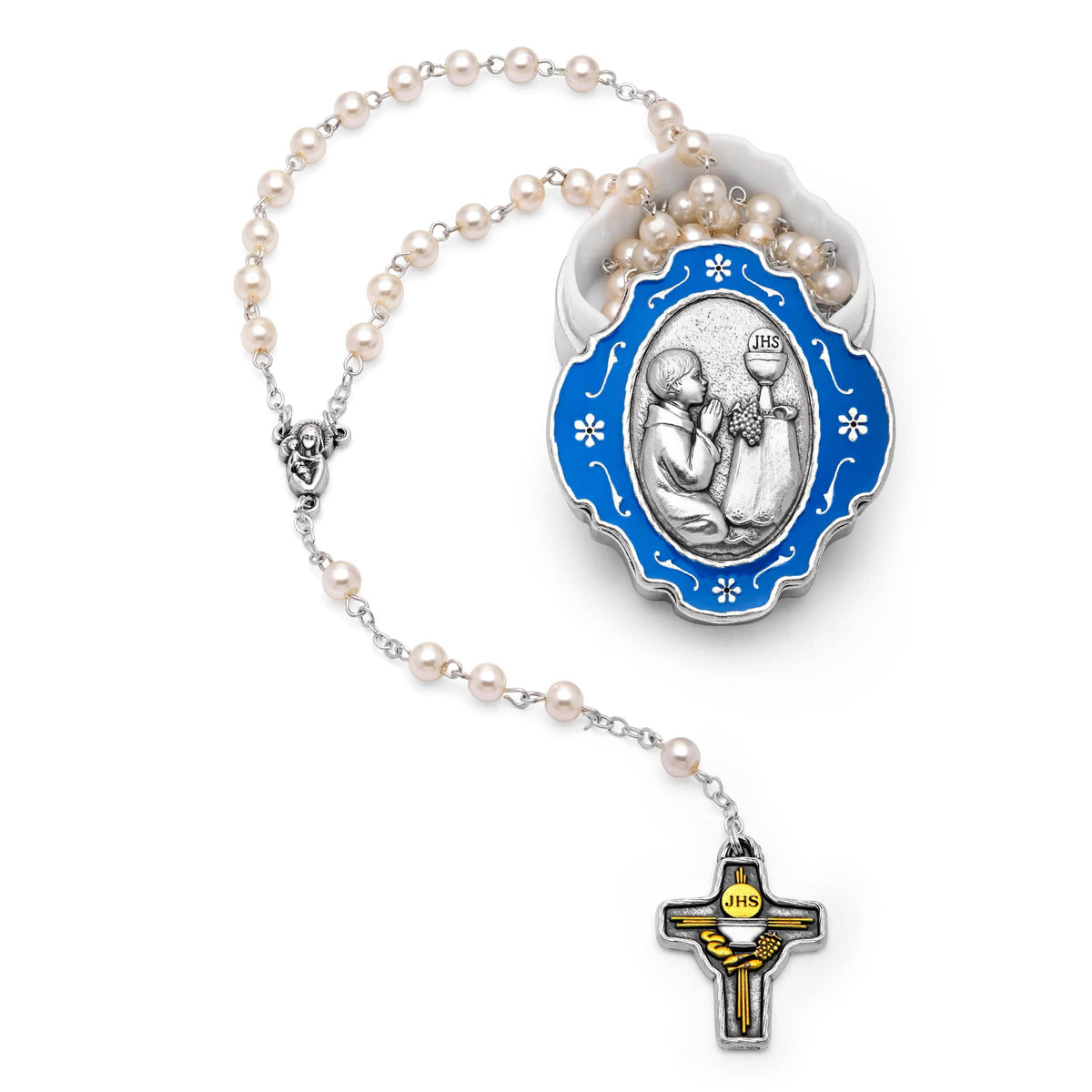 Light Blue Enameled First Communion Rosary Case With Pearl Beads Rosary