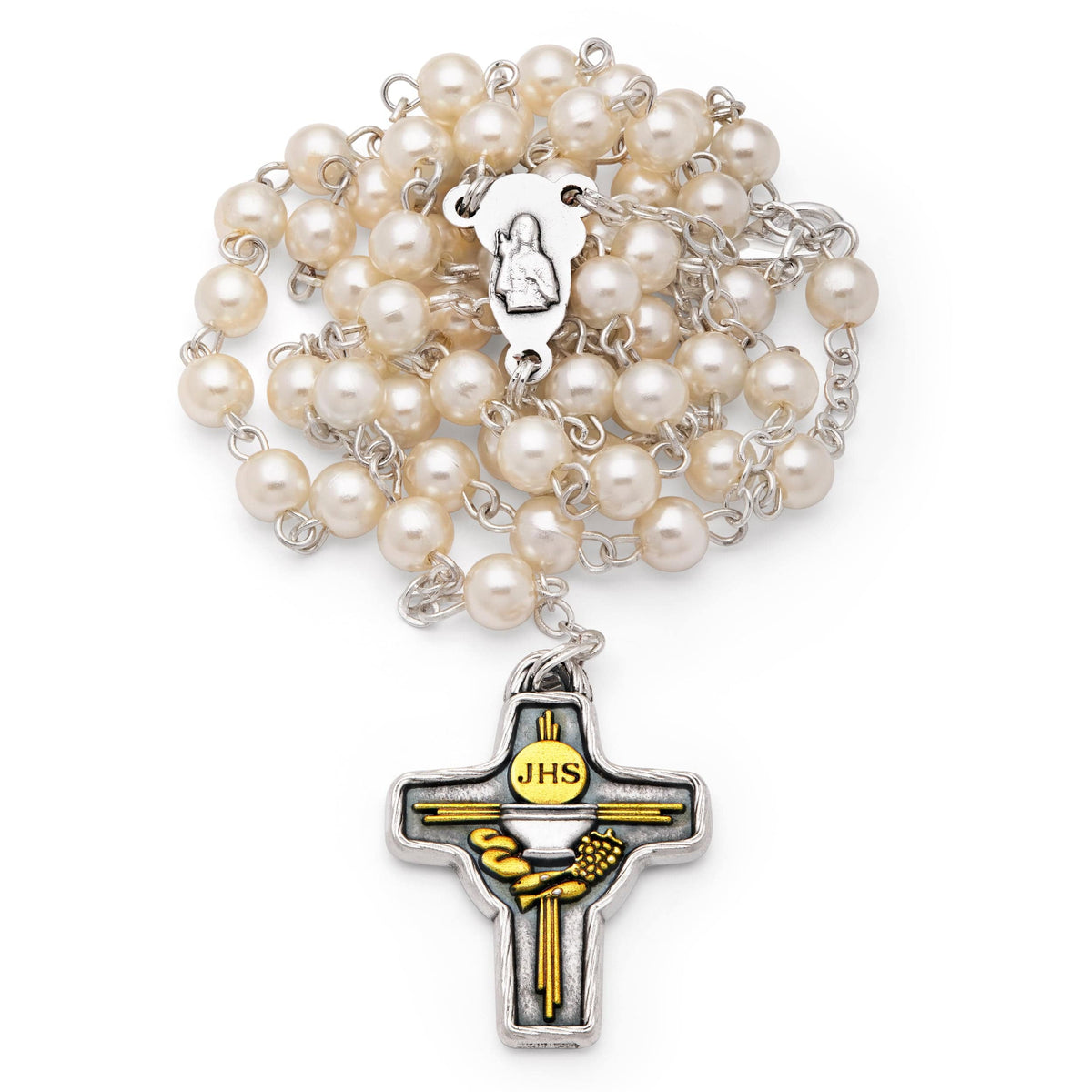 Light Blue Enameled First Communion Rosary Case With Pearl Beads Rosary