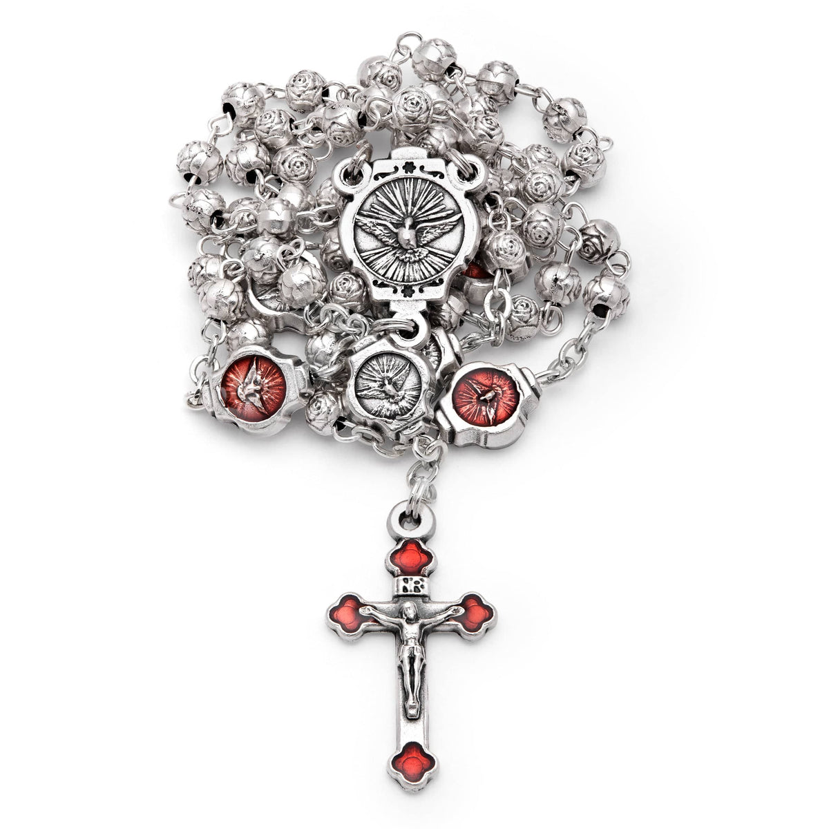 Red Enameled Holy Spirit Rosary Case With Rose-shaped Beads Rosary